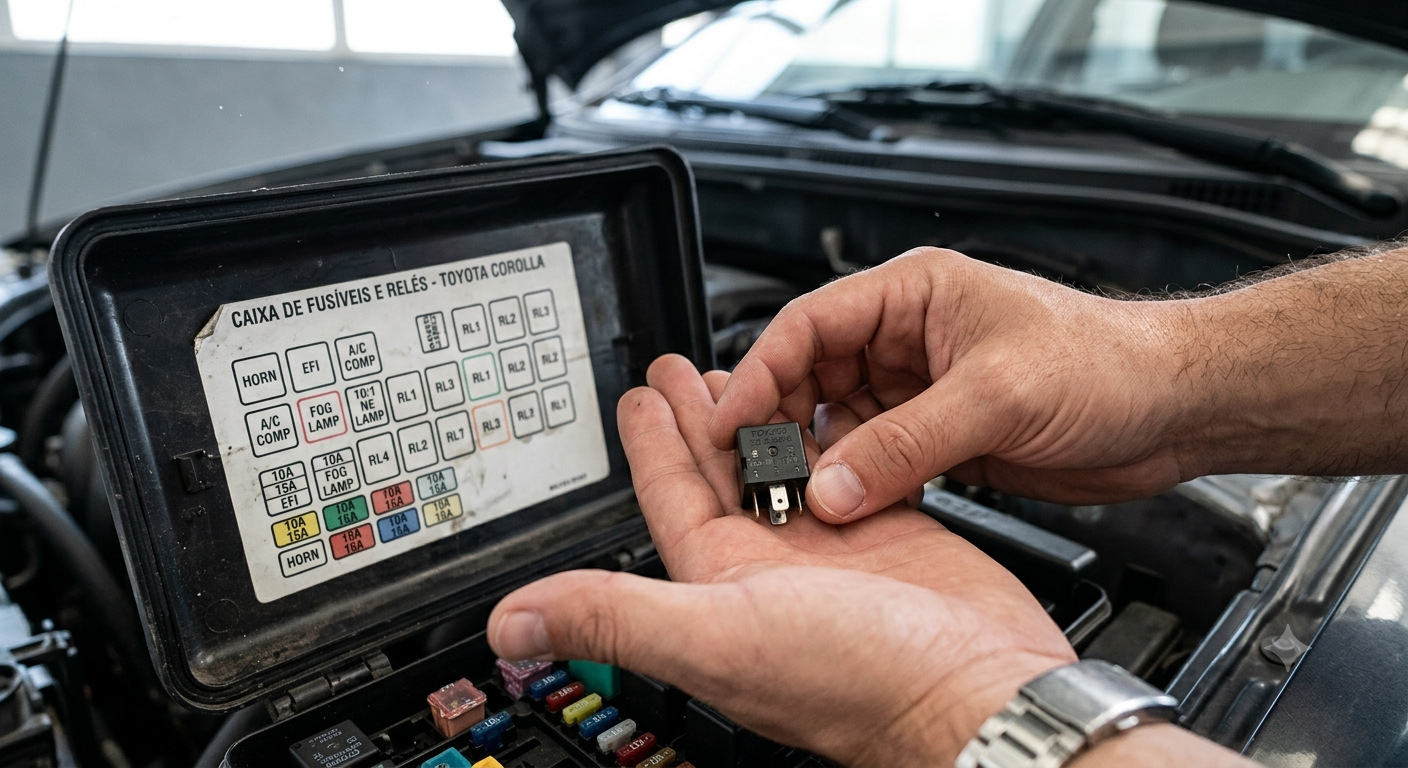 Relé do A/C no Corolla XEi: falha intermitente que parece compressor mas não é